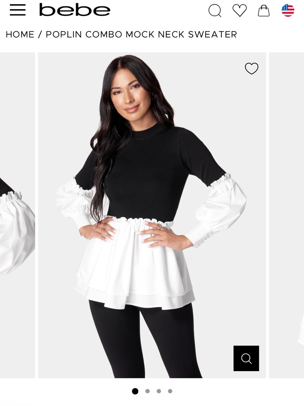bebe Black Mock Neck Knit Top with Poplin Trim